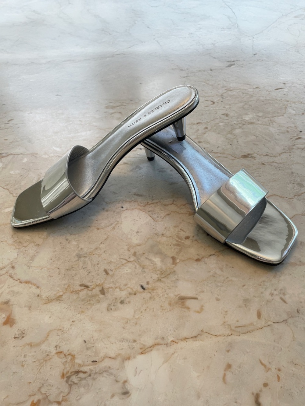 Kitten Heel Metallic Slides Leather Charles & Keith